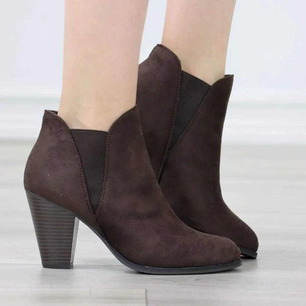 Womens Ankle Heeled Boots Elastic Gore Pointed Toe Brown Faux Suede - Picture 2 of 12